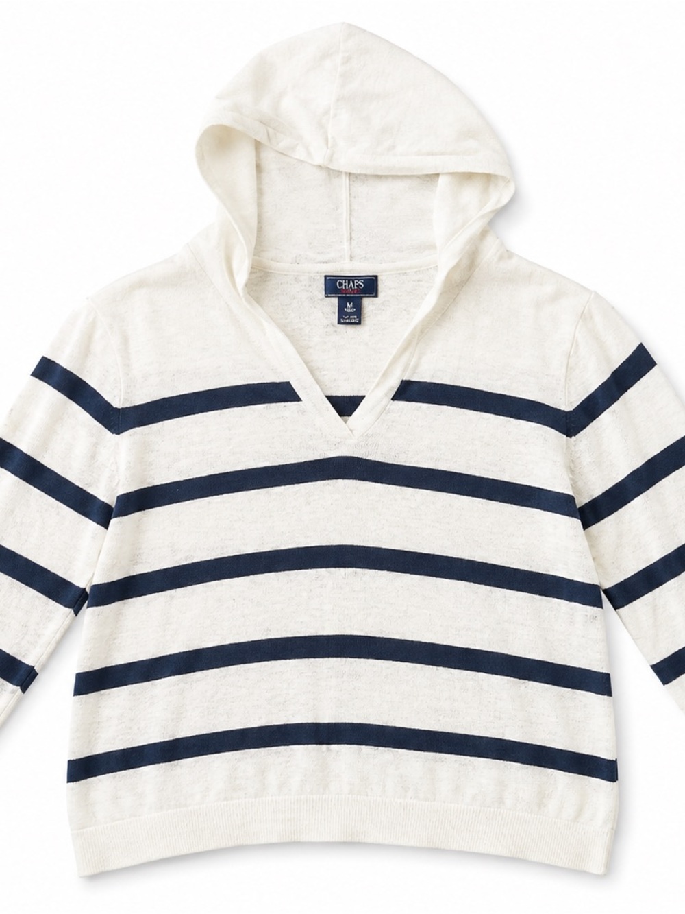 Chaps Ralph Lauren White and Navy Striped V-Neck Linen Cotton Summer Knit Top